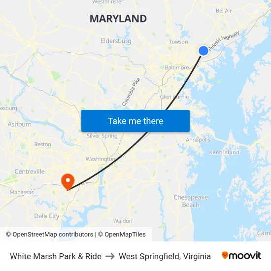 White Marsh Park & Ride to West Springfield, Virginia map