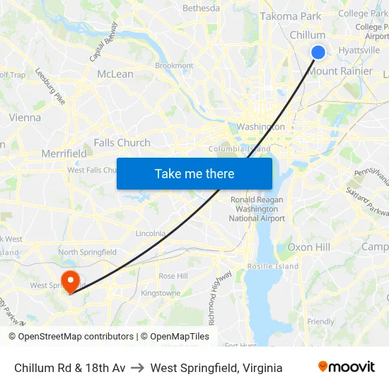 Chillum Rd & 18th Av to West Springfield, Virginia map