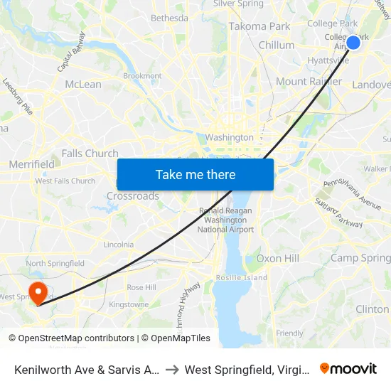 Kenilworth Ave & Sarvis Ave to West Springfield, Virginia map