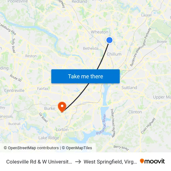 Colesville Rd & W University Bv to West Springfield, Virginia map