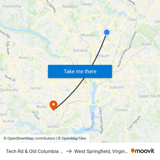 Tech Rd & Old Columbia Pi to West Springfield, Virginia map