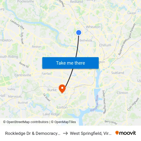 Rockledge Dr & Democracy Blvd to West Springfield, Virginia map