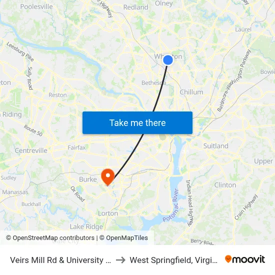 Veirs Mill Rd & University Bv to West Springfield, Virginia map