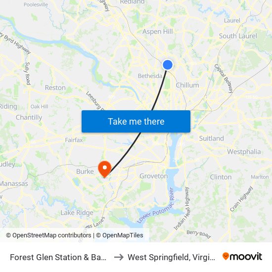 Forest Glen Station & Bay A to West Springfield, Virginia map