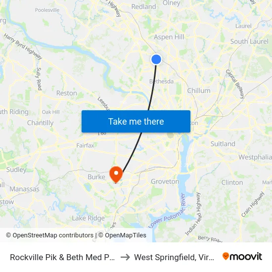 Rockville Pik & Beth Med Prk Dr to West Springfield, Virginia map