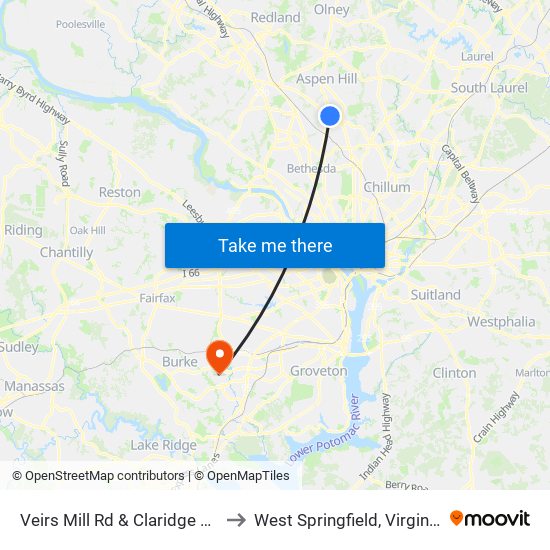 Veirs Mill Rd & Claridge Rd to West Springfield, Virginia map