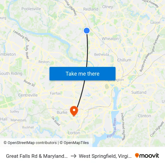 Great Falls Rd & Maryland Av to West Springfield, Virginia map