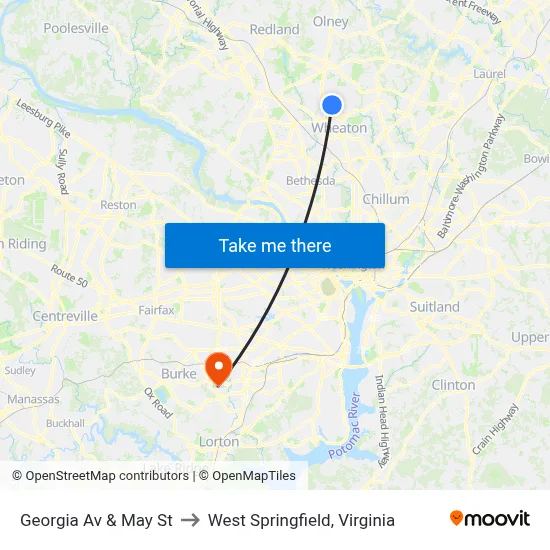 Georgia Av & May St to West Springfield, Virginia map