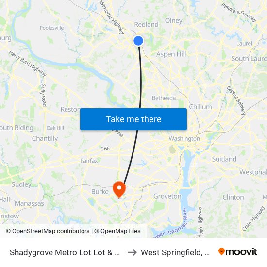 Shadygrove Metro Lot Lot & Metro Lot to West Springfield, Virginia map