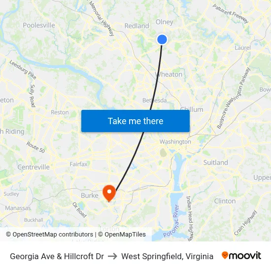Georgia Ave & Hillcroft Dr to West Springfield, Virginia map