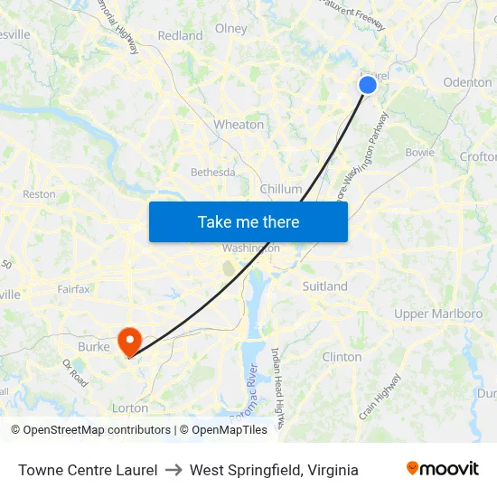 Towne Centre Laurel to West Springfield, Virginia map