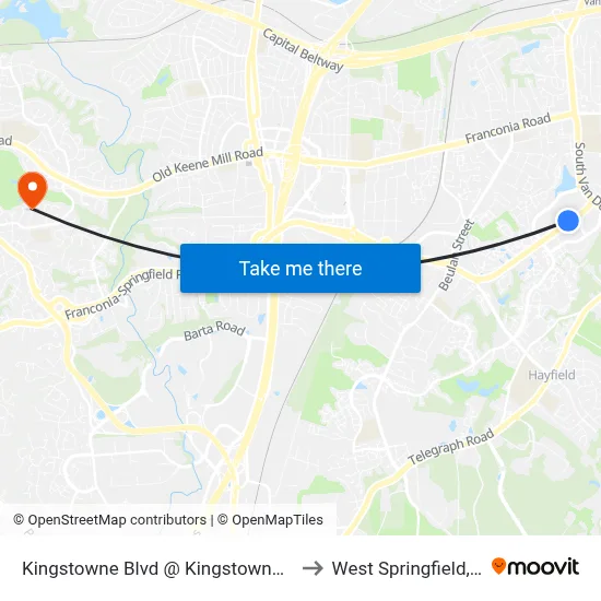 Kingstowne Blvd @ Kingstowne Town Centre to West Springfield, Virginia map