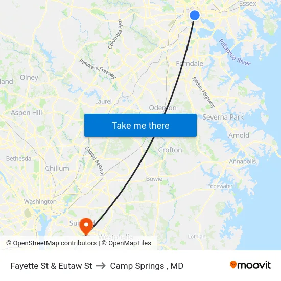Fayette St & Eutaw St to Camp Springs , MD map