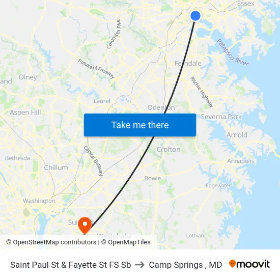 Saint Paul St & Fayette St FS Sb to Camp Springs , MD map