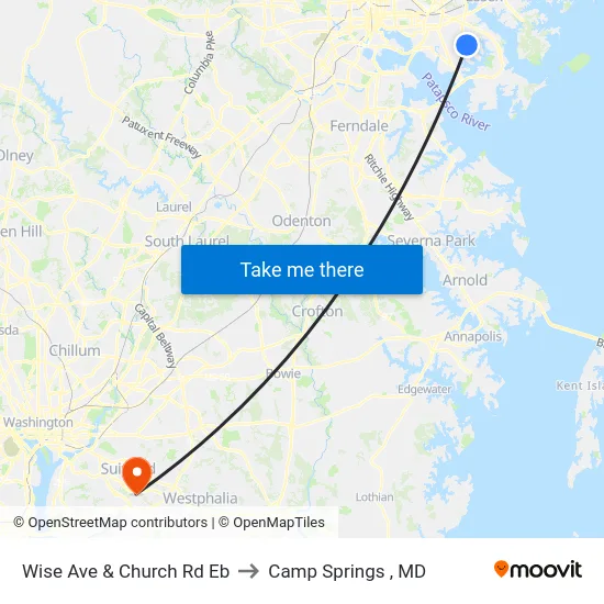 Wise Ave & Church Rd Eb to Camp Springs , MD map