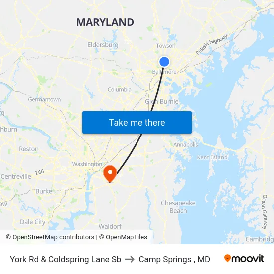 York Rd & Coldspring Lane Sb to Camp Springs , MD map