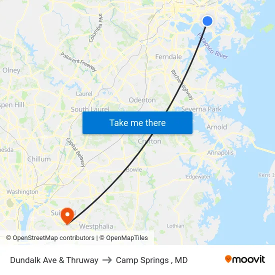 Dundalk Ave & Thruway to Camp Springs , MD map