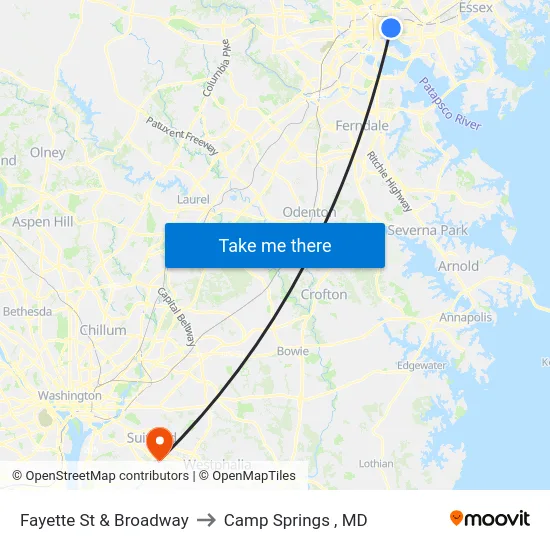 Fayette St & Broadway to Camp Springs , MD map