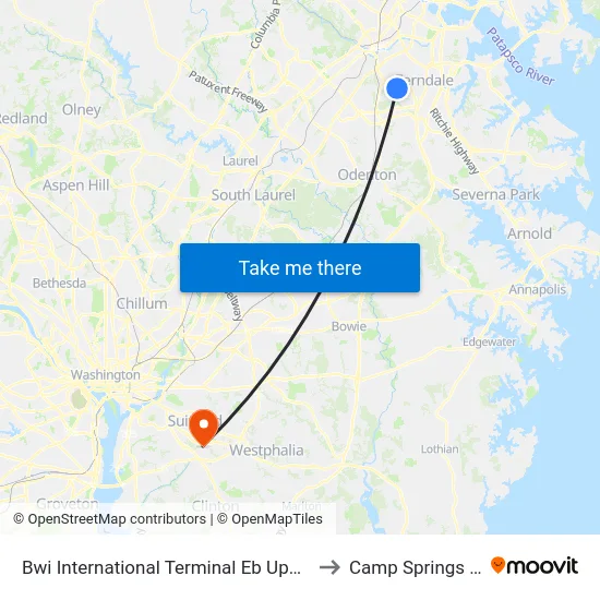 Bwi International Terminal Eb Upper Level to Camp Springs , MD map