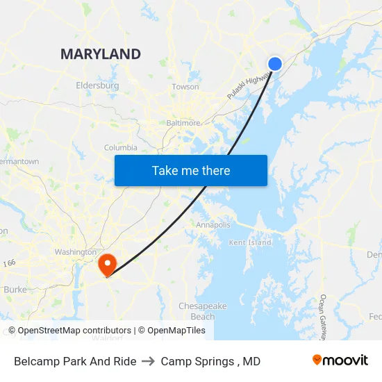 Belcamp Park And Ride to Camp Springs , MD map