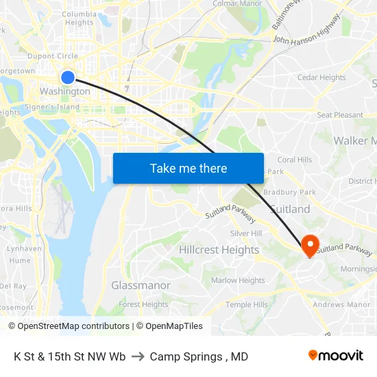 K St & 15th St NW Wb to Camp Springs , MD map