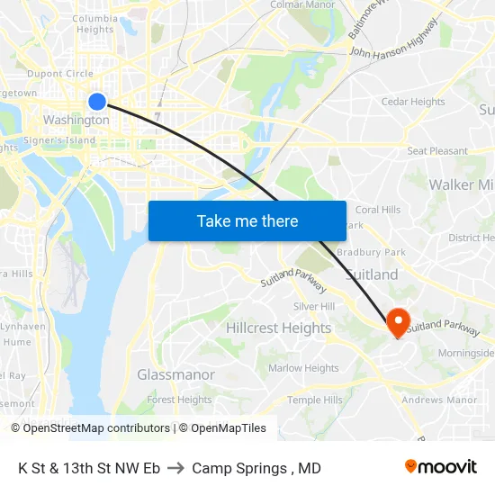 K St & 13th St NW Eb to Camp Springs , MD map