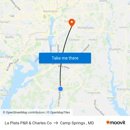La Plata P&R & Charles Co to Camp Springs , MD map