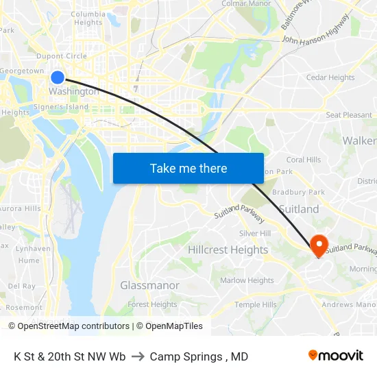 K St & 20th St NW Wb to Camp Springs , MD map