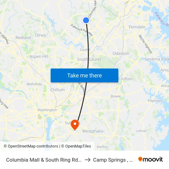 Columbia Mall & South Ring Rd Eb to Camp Springs , MD map