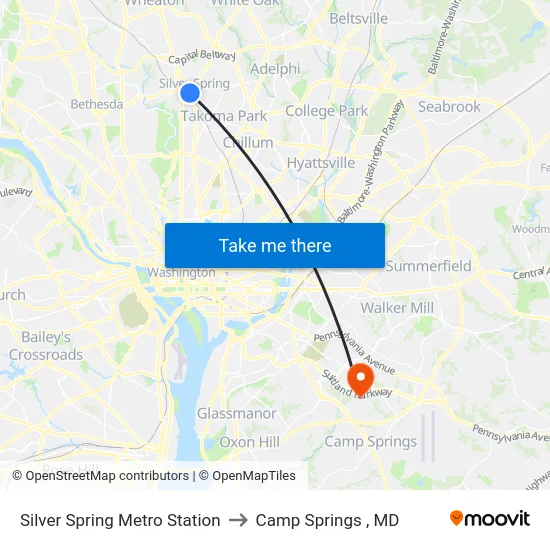 Silver Spring Metro Station to Camp Springs , MD map
