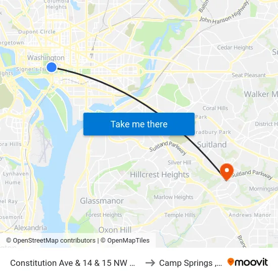 Constitution Ave & 14 & 15 NW Mid Wb to Camp Springs , MD map