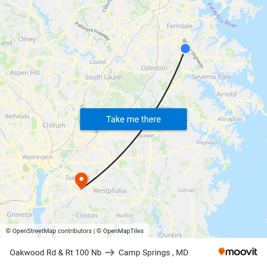 Oakwood Rd & Rt 100 Nb to Camp Springs , MD map