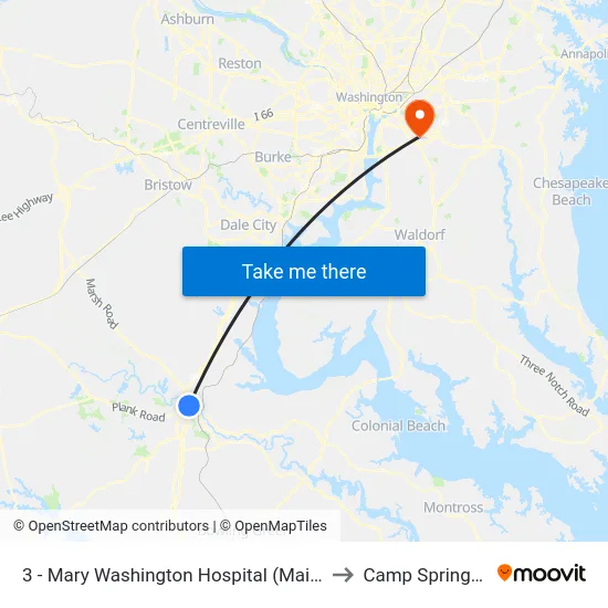 3 - Mary Washington Hospital (Main Entrance) to Camp Springs , MD map