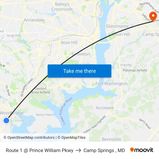 Route 1 @ Prince William Pkwy to Camp Springs , MD map