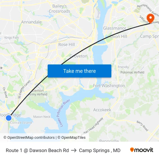 Route 1 @ Dawson Beach Rd to Camp Springs , MD map