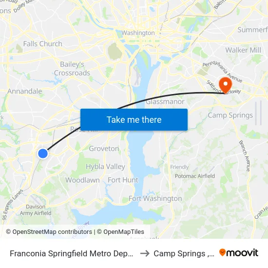 Franconia Springfield Metro Departures to Camp Springs , MD map