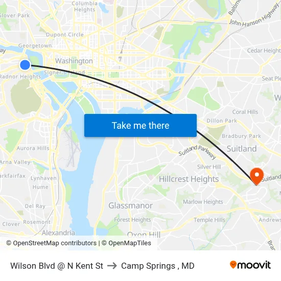 Wilson Blvd @ N Kent St to Camp Springs , MD map