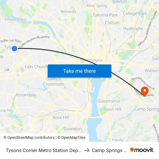 Tysons Corner Metro Station Departures to Camp Springs , MD map