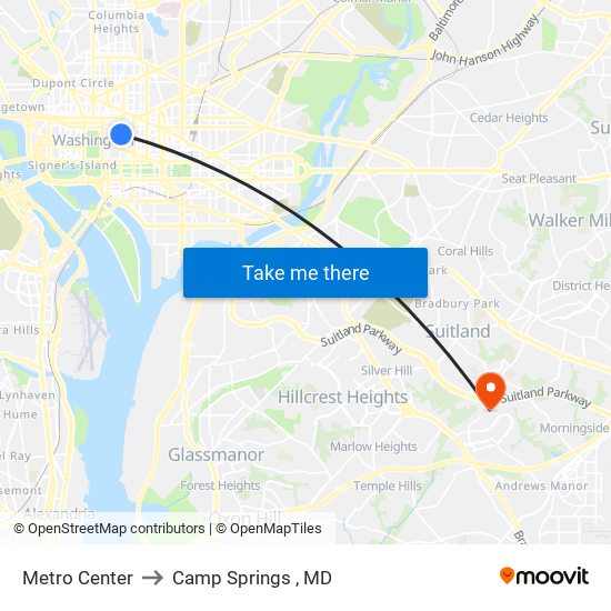 Metro Center to Camp Springs , MD map