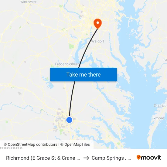 Richmond (E Grace St & Crane St) to Camp Springs , MD map