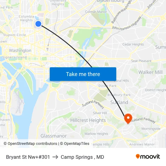 Bryant St Nw+#301 to Camp Springs , MD map