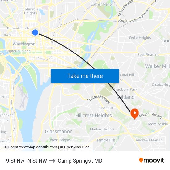 9 St Nw+N St NW to Camp Springs , MD map