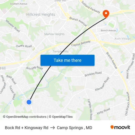 Bock Rd + Kingsway Rd to Camp Springs , MD map