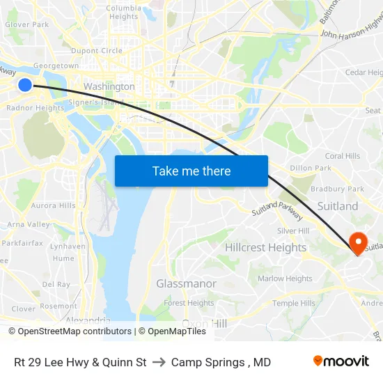 Rt 29 Lee Hwy & Quinn St to Camp Springs , MD map