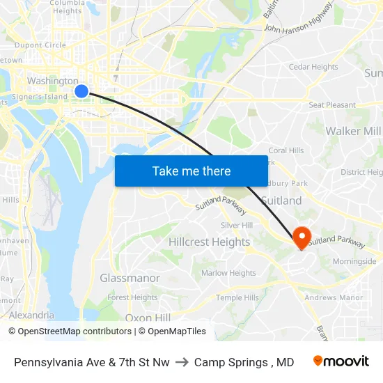 Pennsylvania Ave & 7th St Nw to Camp Springs , MD map