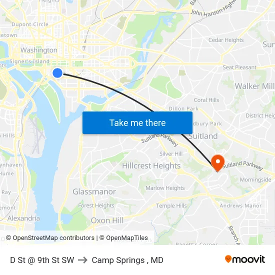 D St @ 9th St SW to Camp Springs , MD map