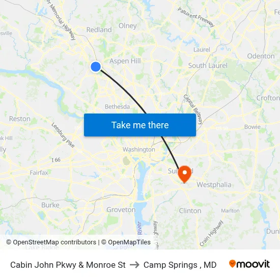 Cabin John Pkwy & Monroe St to Camp Springs , MD map