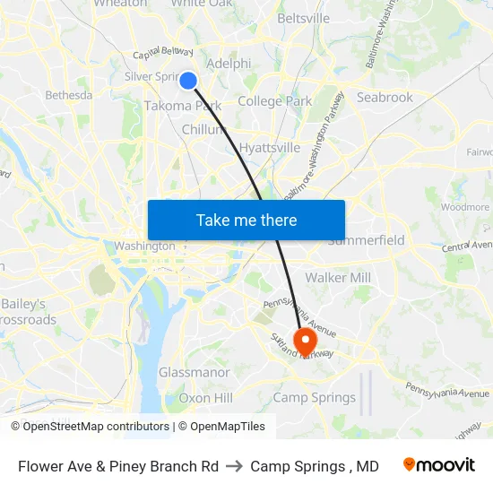 Flower Ave & Piney Branch Rd to Camp Springs , MD map