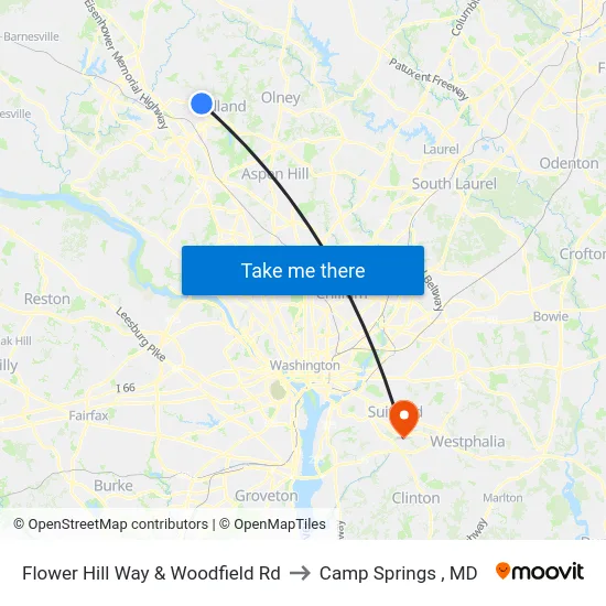 Flower Hill Way & Woodfield Rd to Camp Springs , MD map