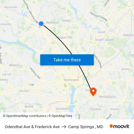 Odendhal Ave & Frederick Ave to Camp Springs , MD map